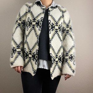 Alberto Makali Fuzzy Ivory Gold Black Diamond Pattern Cardigan - M / L